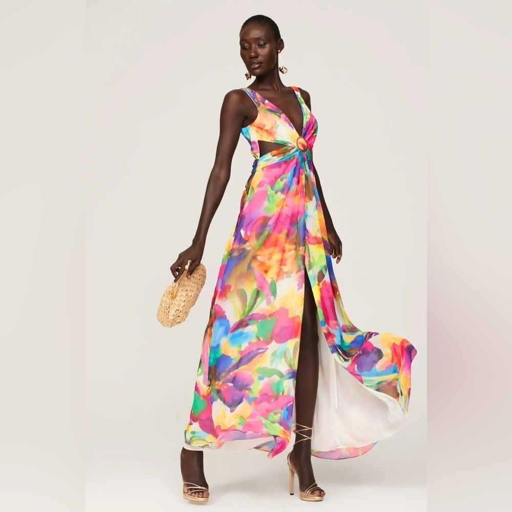 Liv Foster Abstract Floral Print Tie Dye Boho Deep V-Neck Cutout Gown 0, XS/S